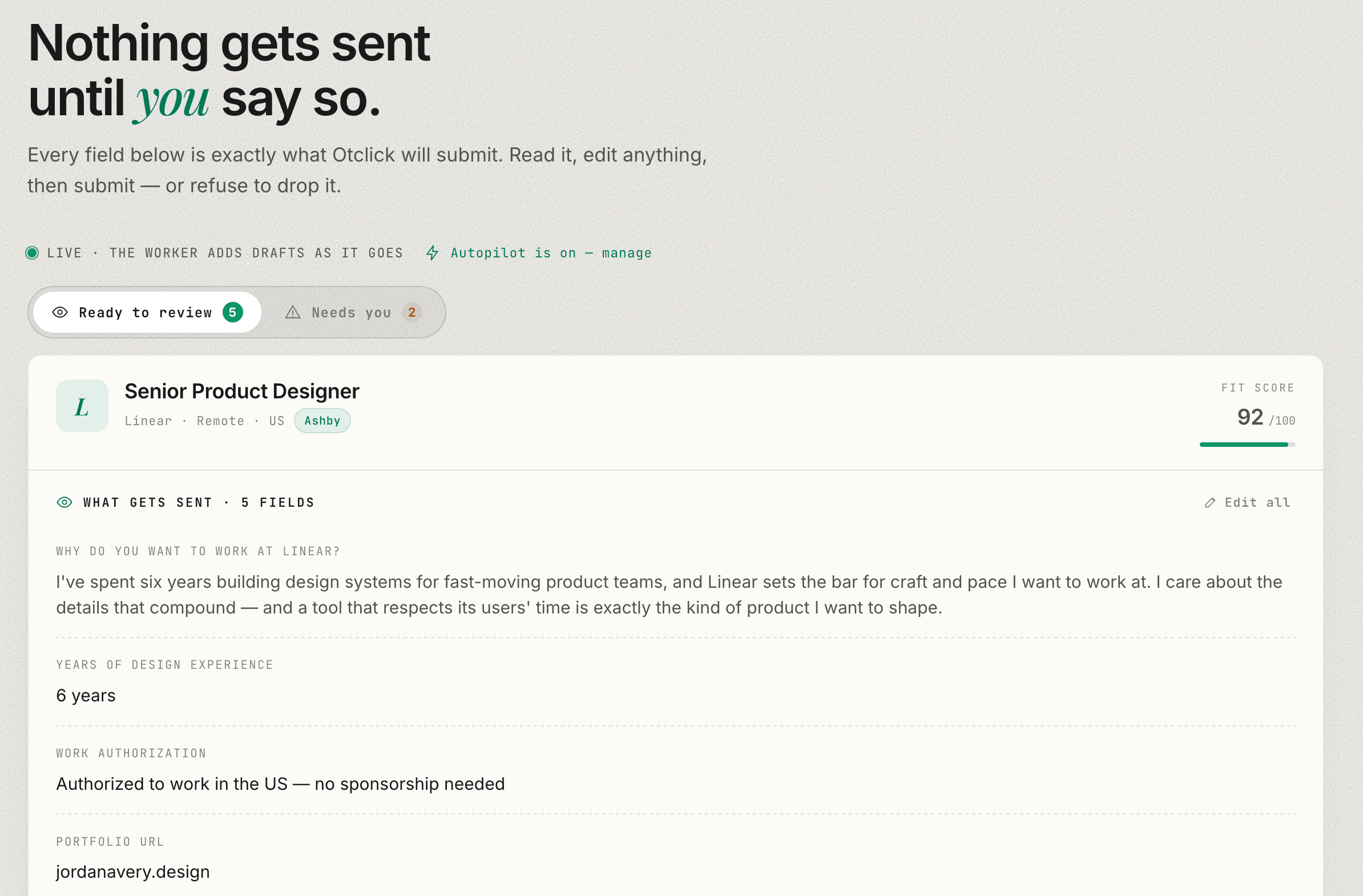 Review queue screenshot showing drafts sorted by fit